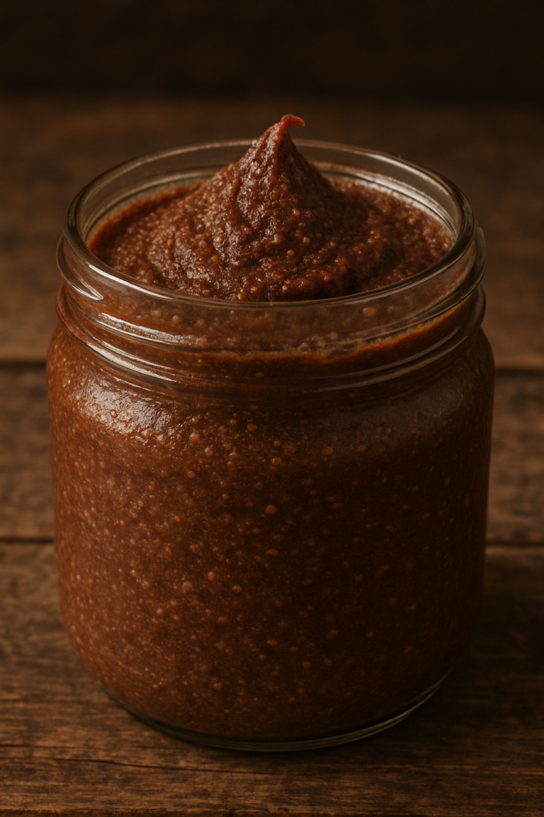 Photographie en gros plan d'un bocal en verre rempli de pâte à tartiner en vrac, avec une texture granuleuse, fabriquée à partir de noisettes et de chocolat. La pâte, idéale pour un moulin à purée d'oléagineux, repose sur une surface en bois vieilli, mettant en valeur l'authenticité du produit et l'éclairage naturel.